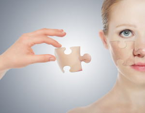 concept skincare with puzzles. Skin of beauty young woman before