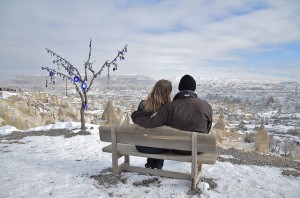 spouse discussing purging on bench