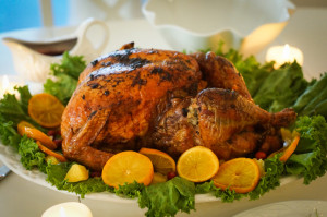 Turkey with leaves and oranges for christmas and thanksgiving