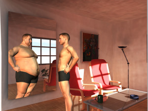 Man looking into mirror with Male Body Image issues