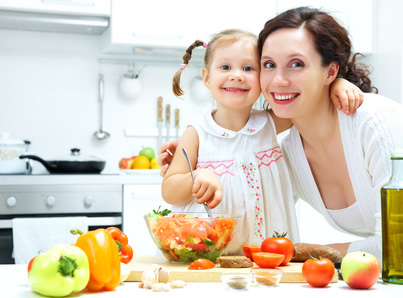 Mother and child hugging during meal time