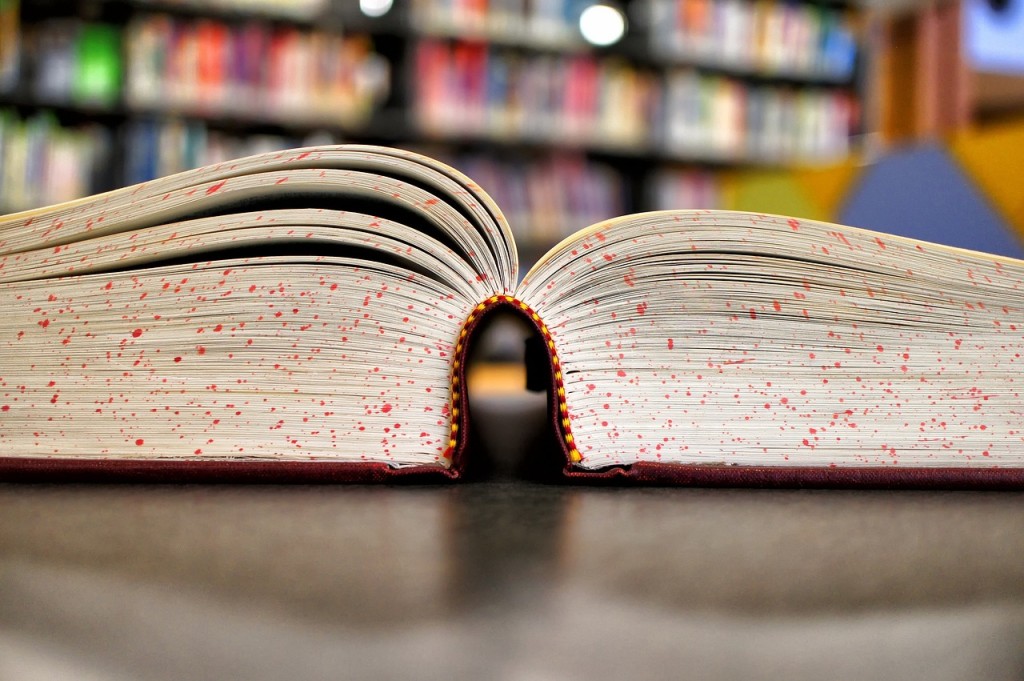 An open book in a library