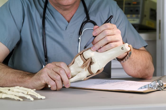 doctor looking at knee bone